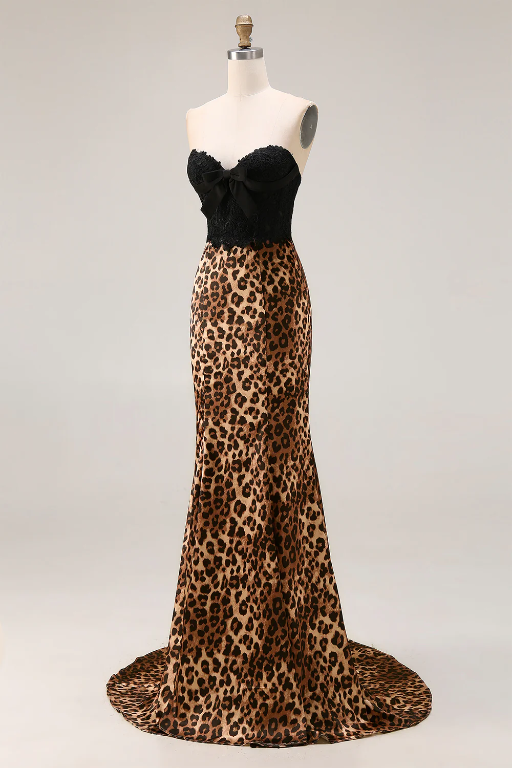 Brown Leopard Mermaid Sweetheart Lace Applique Long Prom Dress with Bow - Image 3