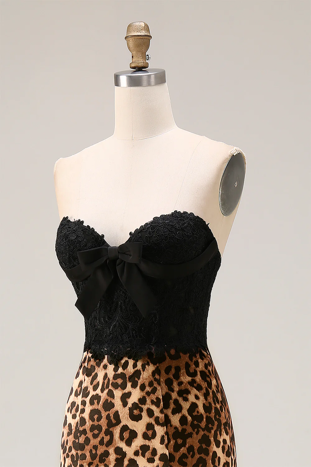 Brown Leopard Mermaid Sweetheart Lace Applique Long Prom Dress with Bow - Image 6