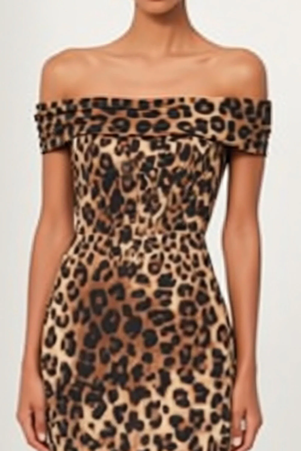 Brown Leopard Sheath Off The Shoulder Midi Work Dress with Slit - Image 3
