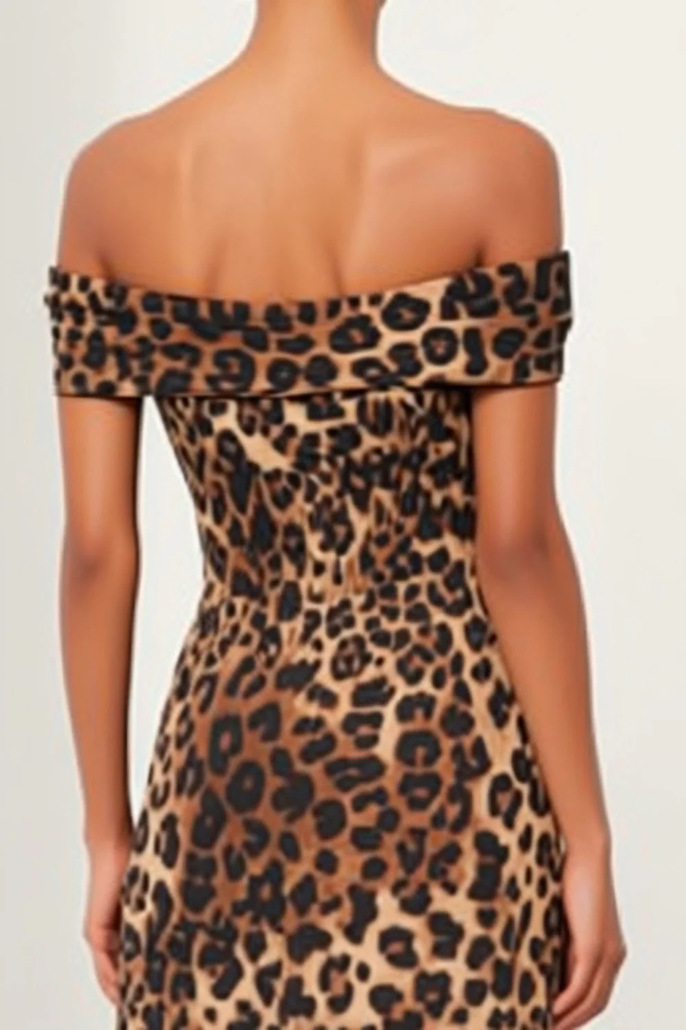 Brown Leopard Sheath Off The Shoulder Midi Work Dress with Slit - Image 4