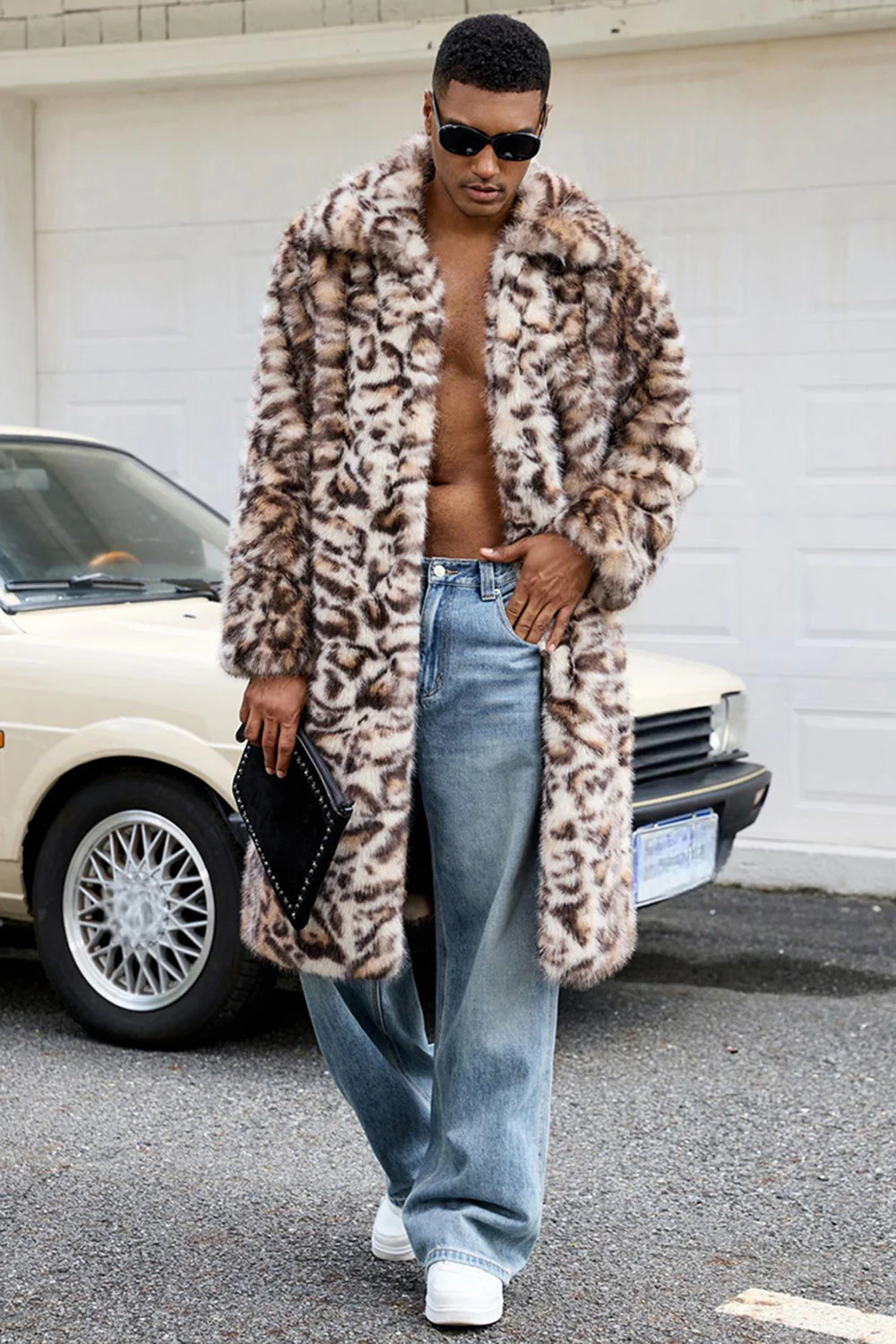 Brown Leopard Thick Faux Fur Open Front Long Men's Coat - Image 2