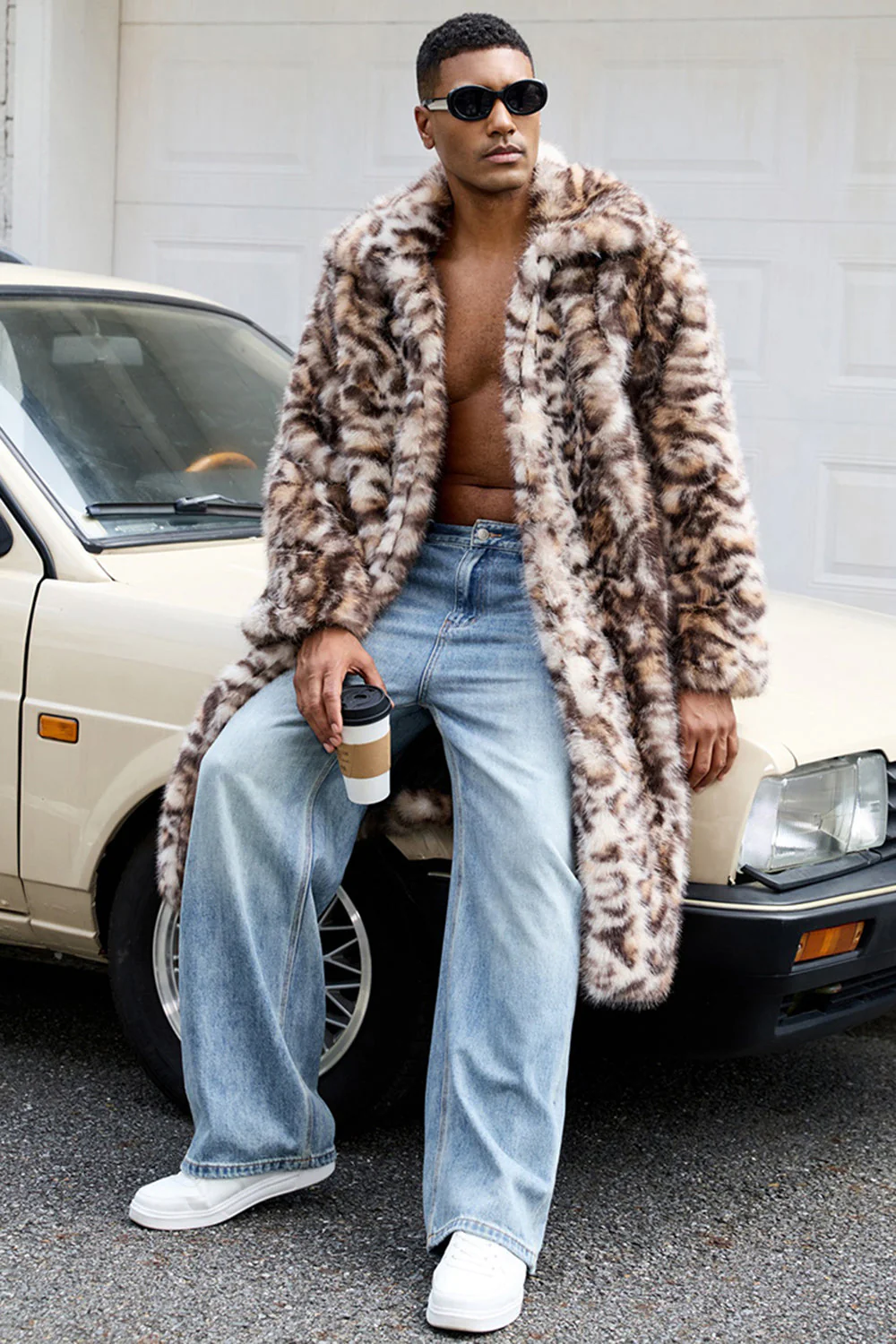 Brown Leopard Thick Faux Fur Open Front Long Men's Coat - Image 3