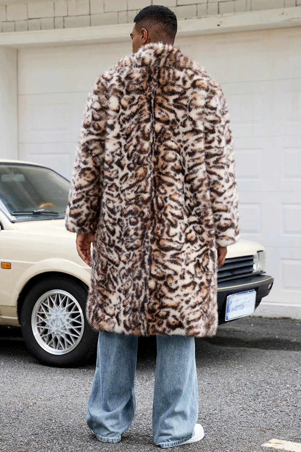 Brown Leopard Thick Faux Fur Open Front Long Men's Coat - Image 4
