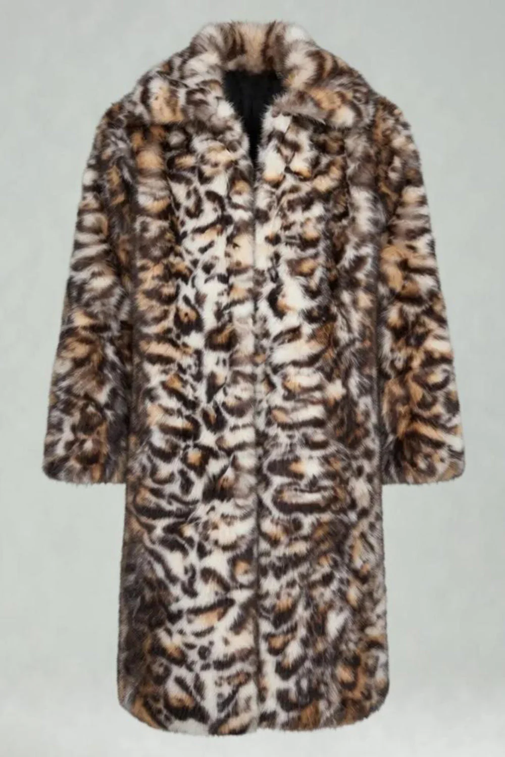 Brown Leopard Thick Faux Fur Open Front Long Men's Coat - Image 5