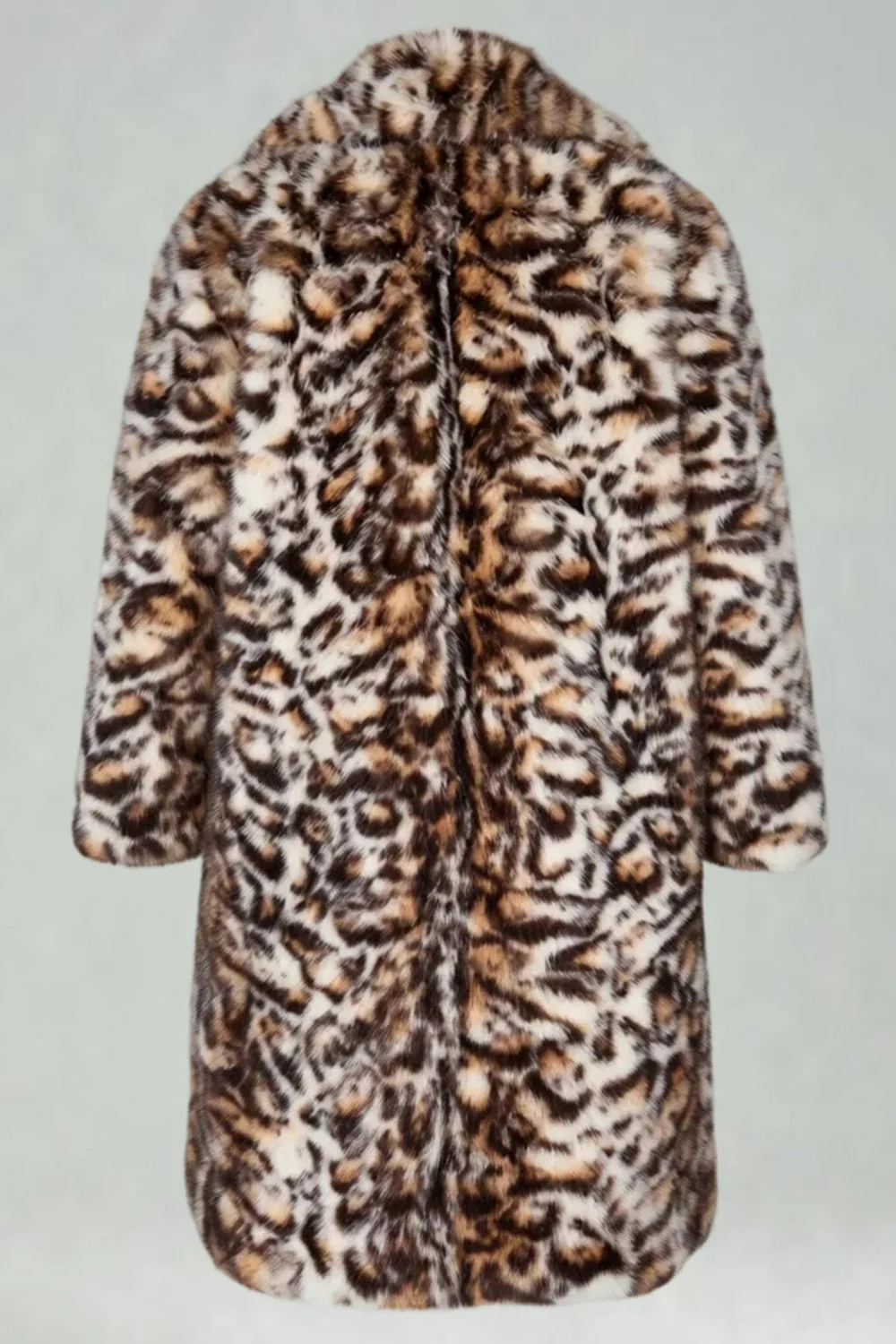 Brown Leopard Thick Faux Fur Open Front Long Men's Coat - Image 6