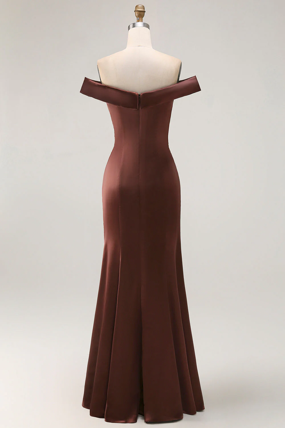 Brown Off The Shoulder Mermaid Satin Evening Dress With Draped Bow - Image 2
