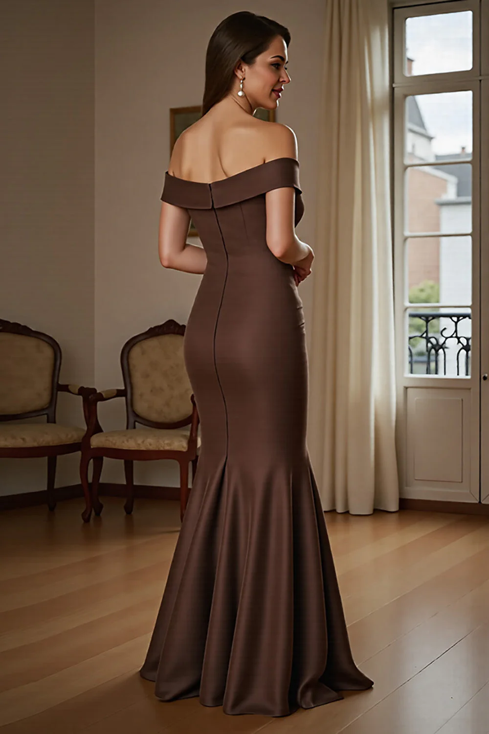 Brown Off The Shoulder Mermaid Satin Evening Dress With Draped Bow - Image 4