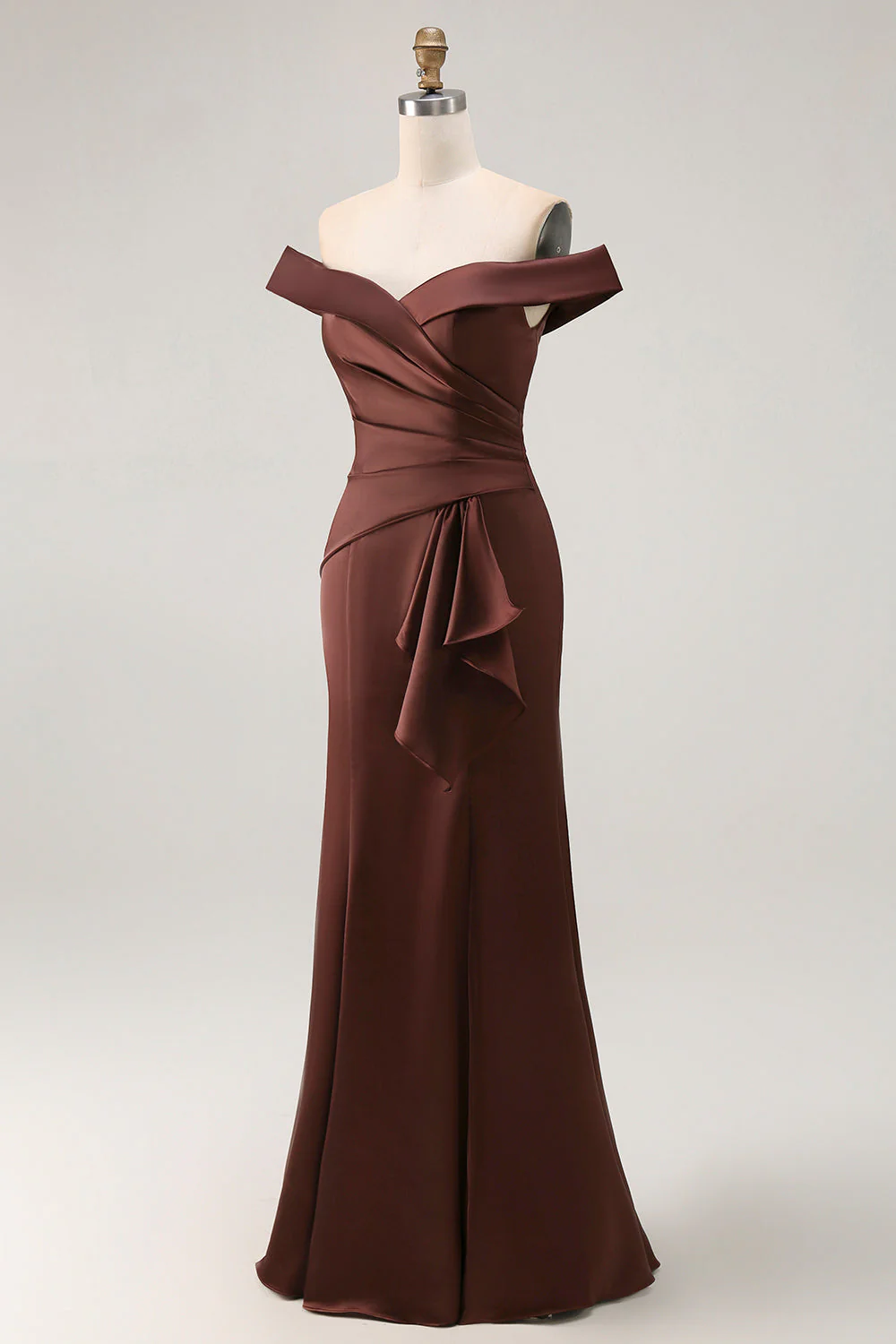 Brown Off The Shoulder Mermaid Satin Evening Dress With Draped Bow - Image 5