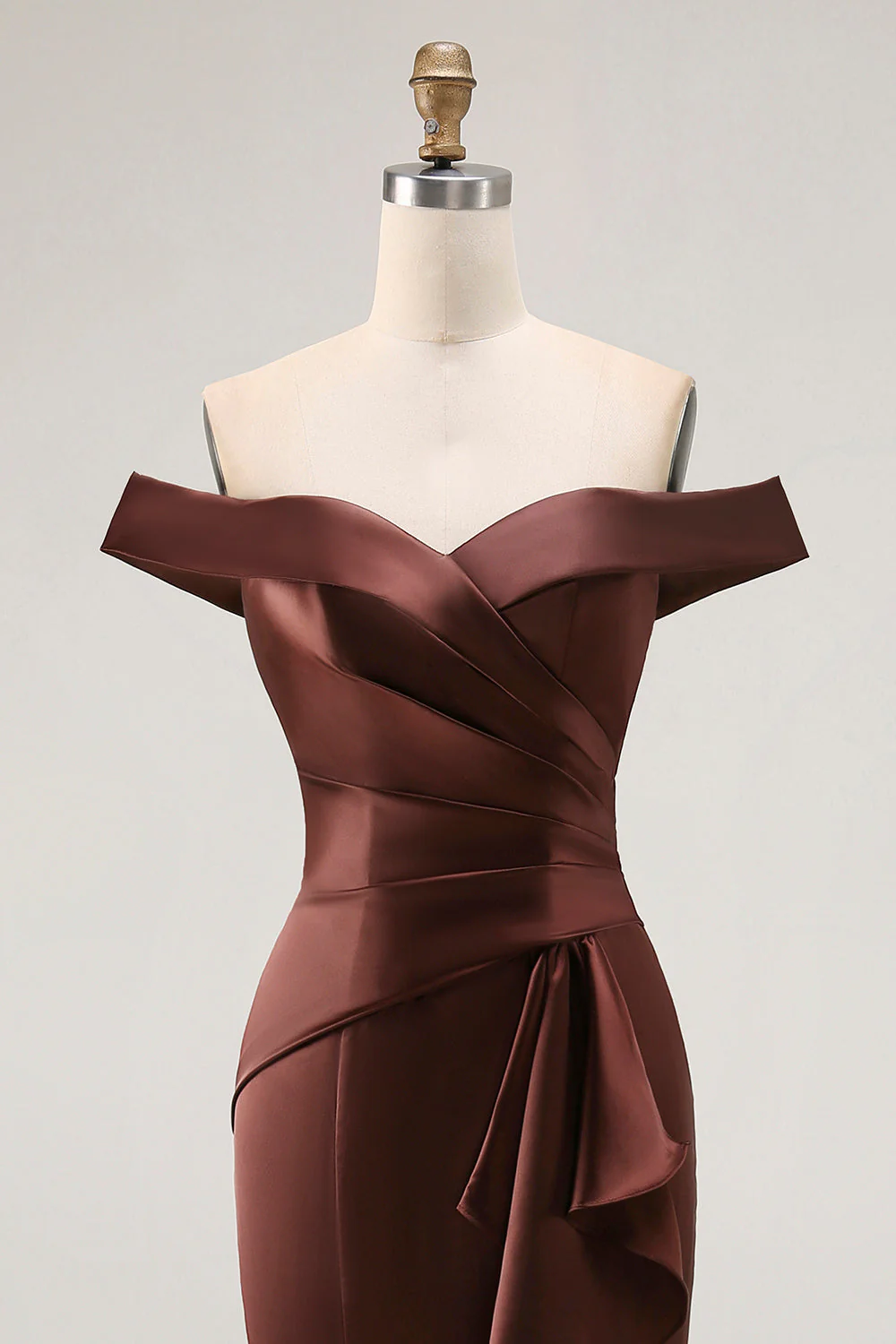 Brown Off The Shoulder Mermaid Satin Evening Dress With Draped Bow - Image 6