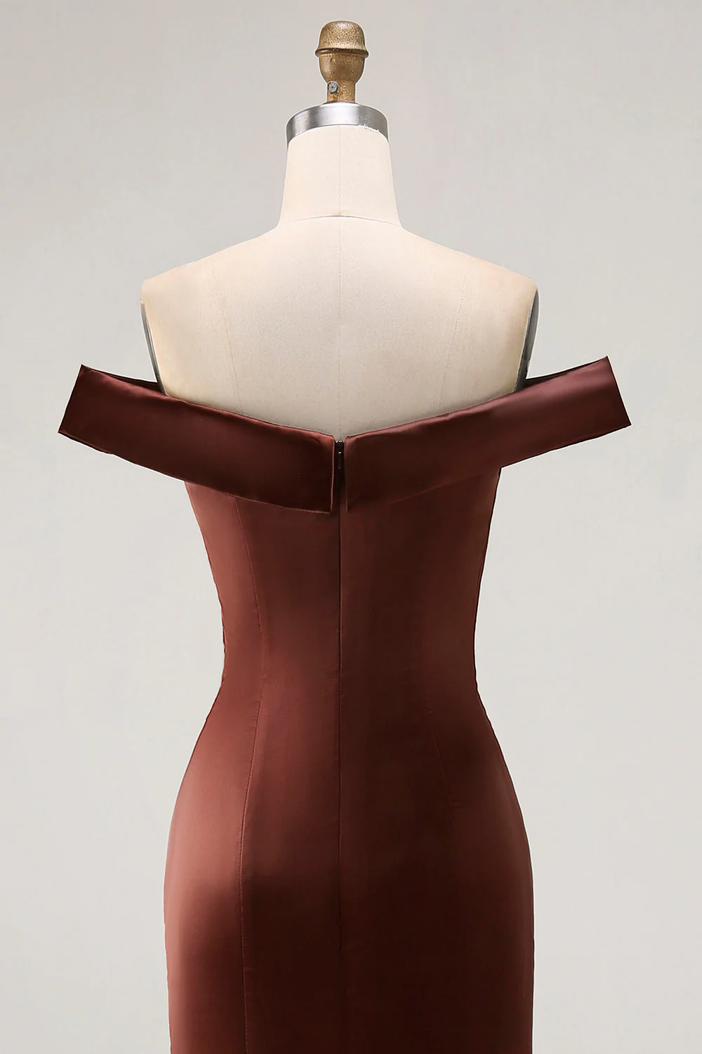 Brown Off The Shoulder Mermaid Satin Evening Dress With Draped Bow - Image 7