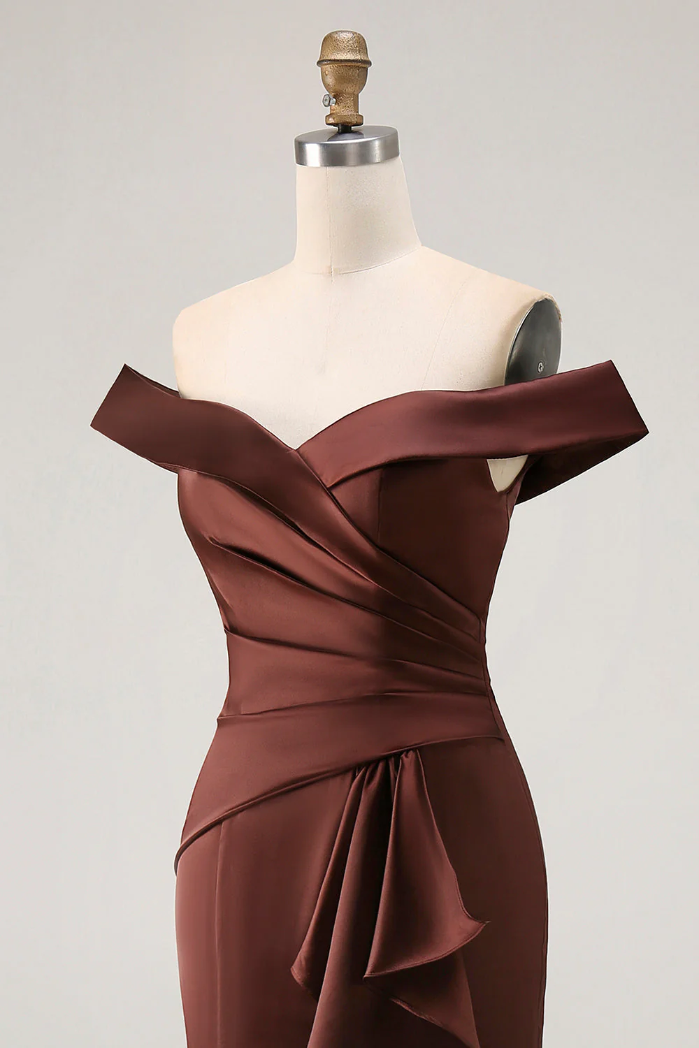 Brown Off The Shoulder Mermaid Satin Evening Dress With Draped Bow - Image 8