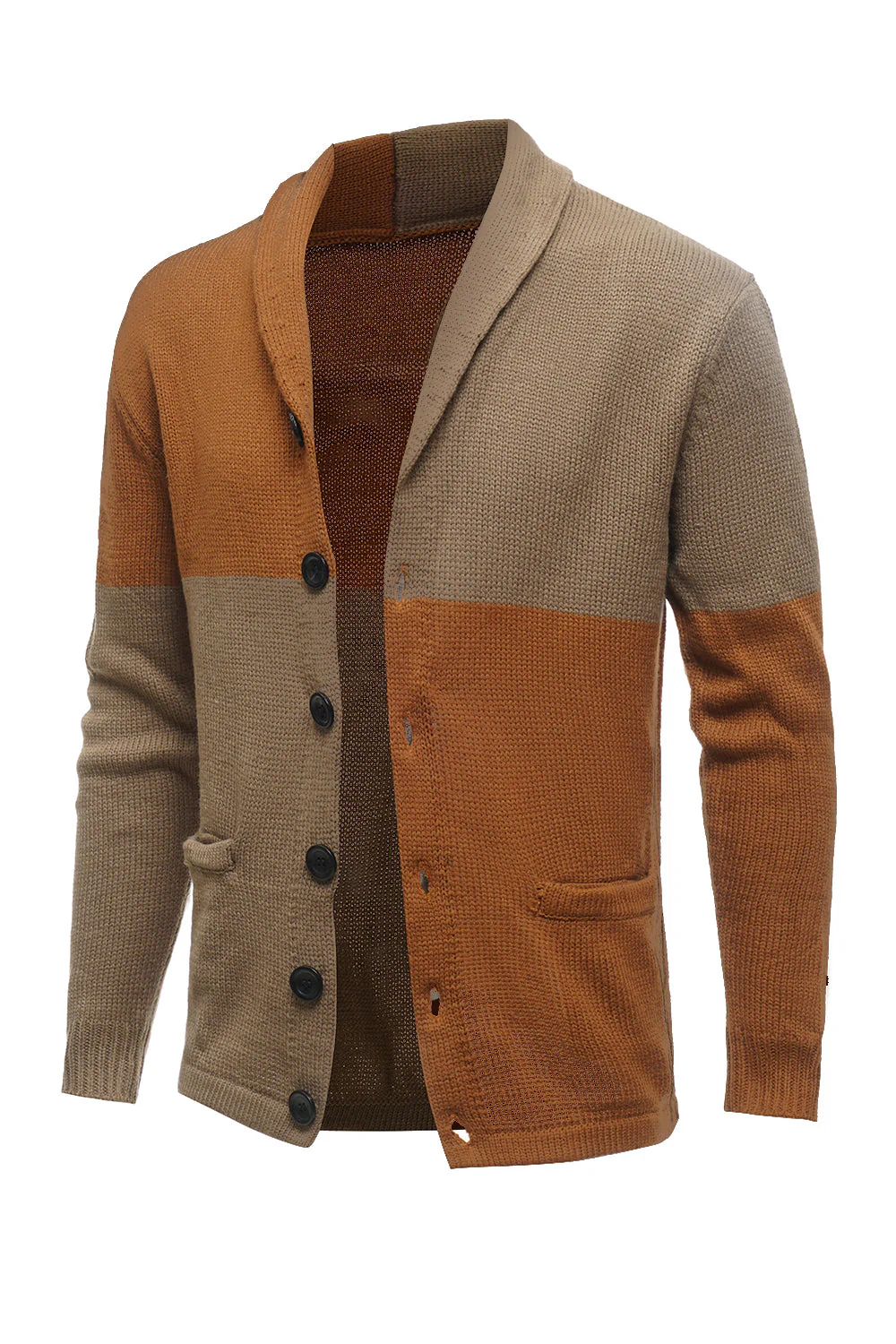 Brown Patchwork Shawl Collar Long Sleeves Men's Cardigan Sweater - Image 3