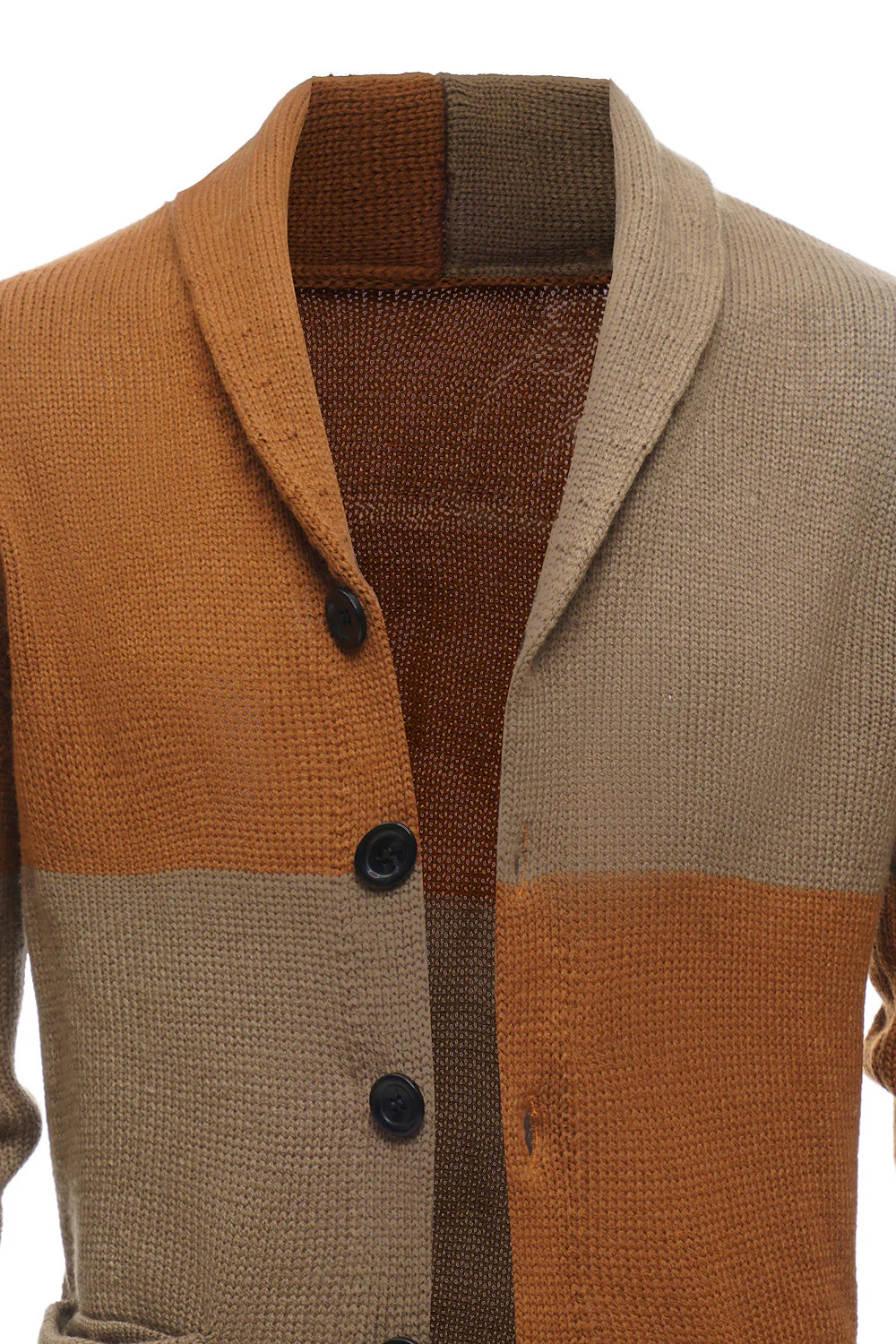 Brown Patchwork Shawl Collar Long Sleeves Men's Cardigan Sweater - Image 4