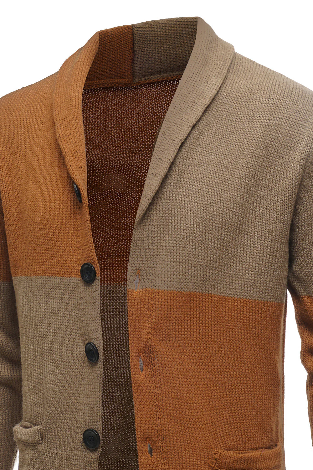 Brown Patchwork Shawl Collar Long Sleeves Men's Cardigan Sweater - Image 6