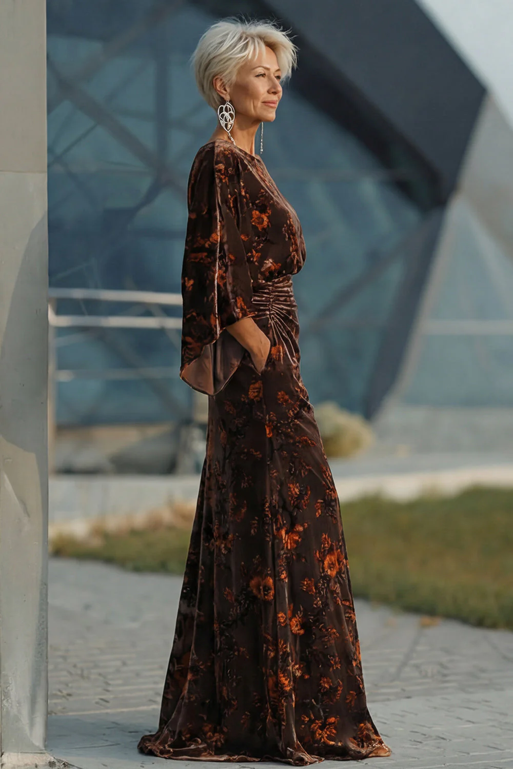 Velvet Brown Sheath Ruched Mother of the Bride Dress with Flared Sleeves - Image 3