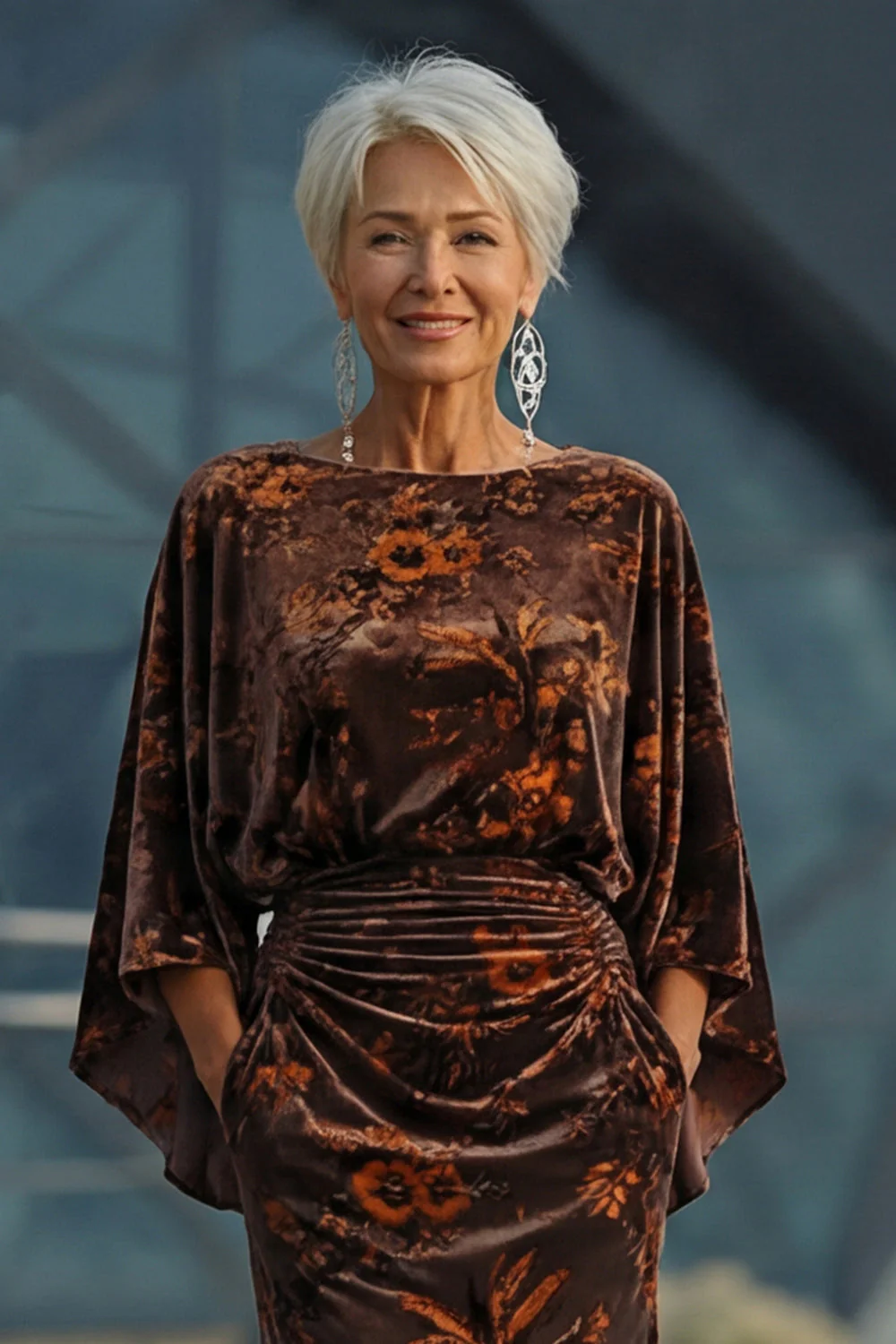 Velvet Brown Sheath Ruched Mother of the Bride Dress with Flared Sleeves - Image 4