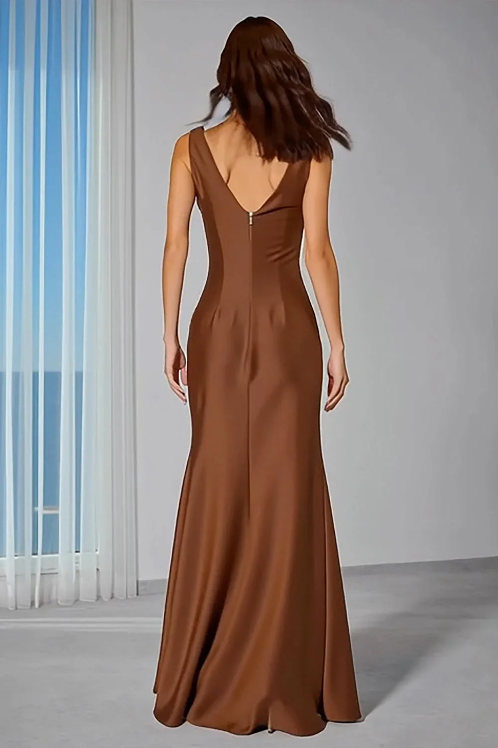 Brown Satin Cowl Neck Mermaid Long Bridesmaid Dress - Image 2