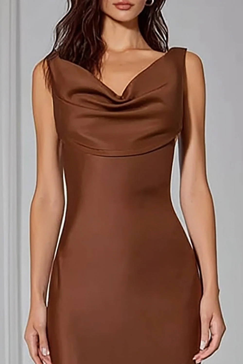Brown Satin Cowl Neck Mermaid Long Bridesmaid Dress - Image 3