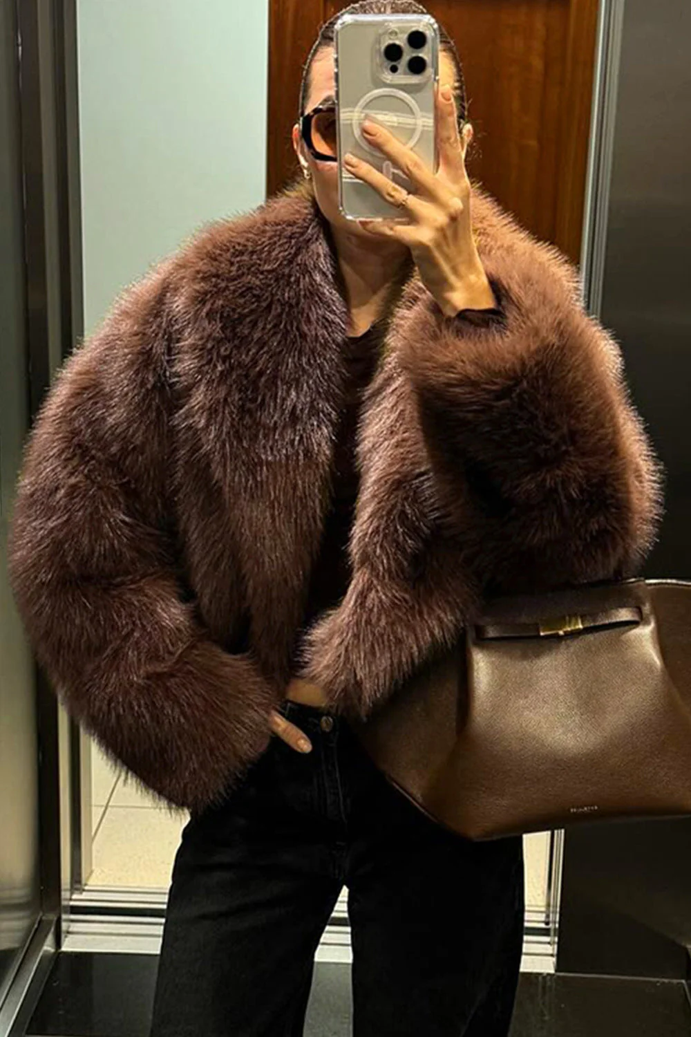 Brown Shawl Lapel Faux Fur Women Short Winter Coat - Image 2