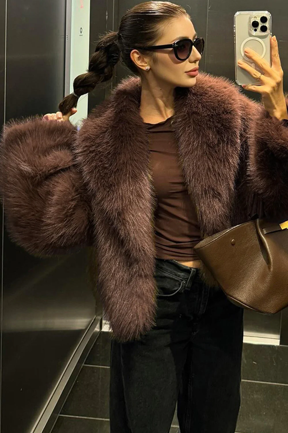 Brown Shawl Lapel Faux Fur Women Short Winter Coat - Image 3