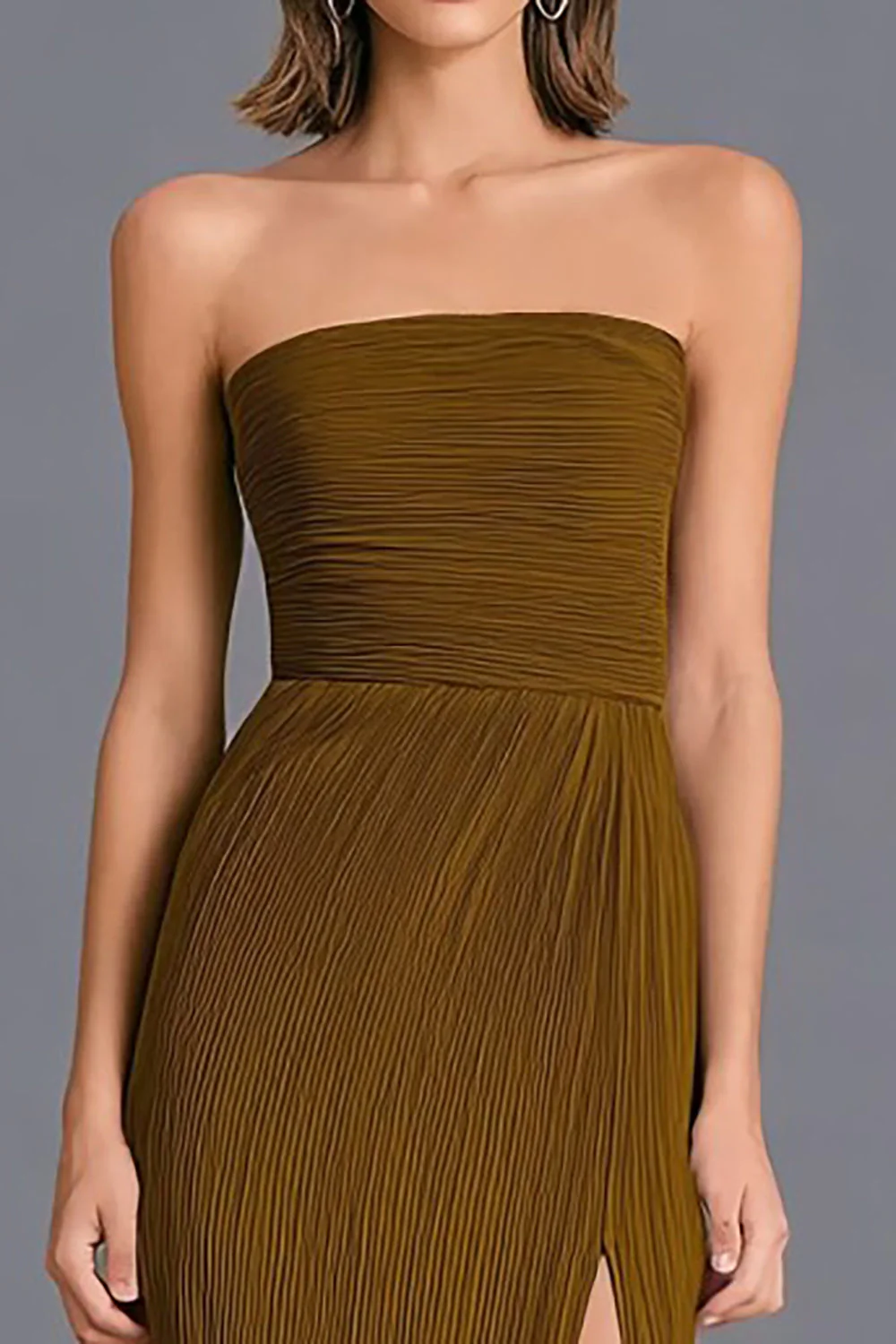 Brown Strapless Sheath Pleated Long Evening Dress with Slit - Image 2