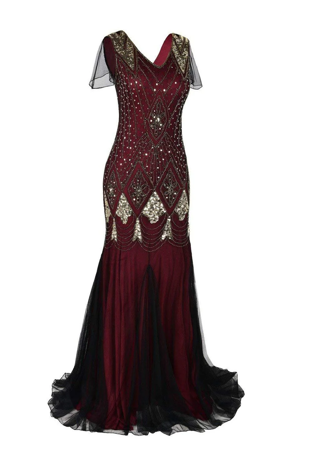 Burgundy 1920s Sequins Flapper Long Dress - Image 3