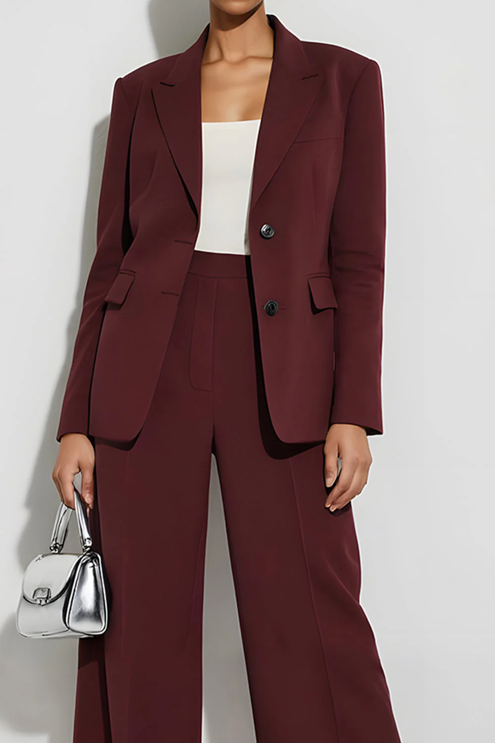 Burgundy 2 Piece Peak Lapel Single Breasted Business Suits - Image 3