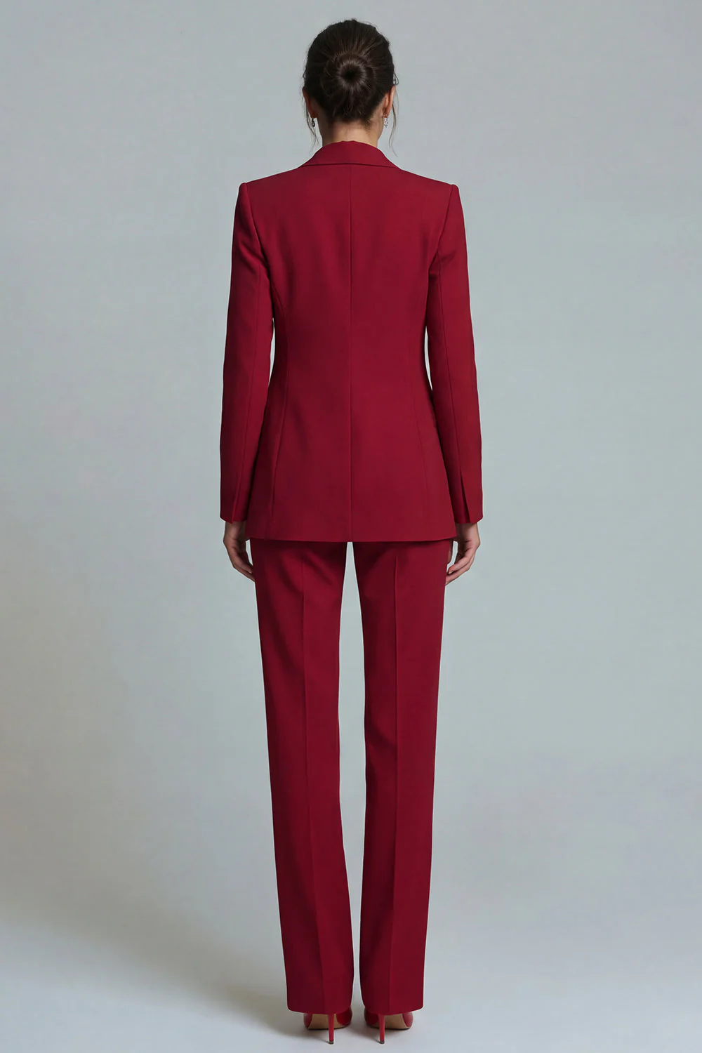 Burgundy 2 Piece Peak Lapel Slim Fit Women's Work Suits - Image 2