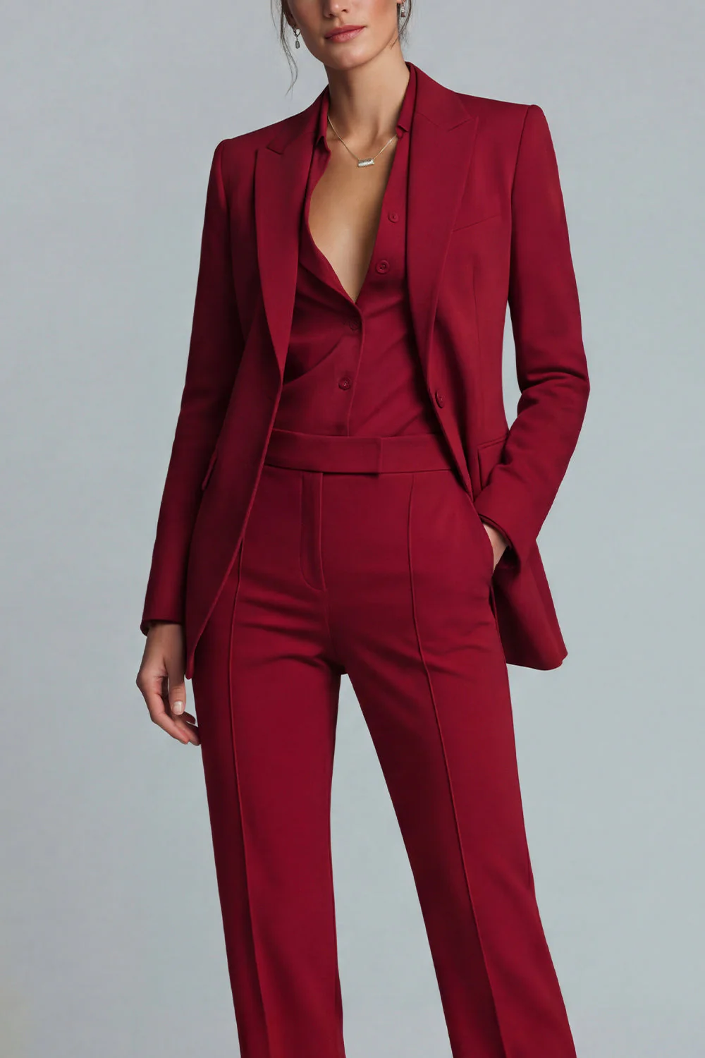 Burgundy 2 Piece Peak Lapel Slim Fit Women's Work Suits - Image 3