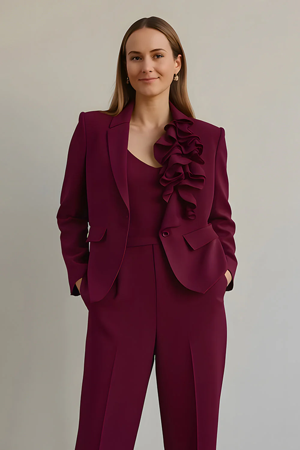 Burgundy 2 Piece Ruffled Satin Women Prom Suits with Pockets - Image 3