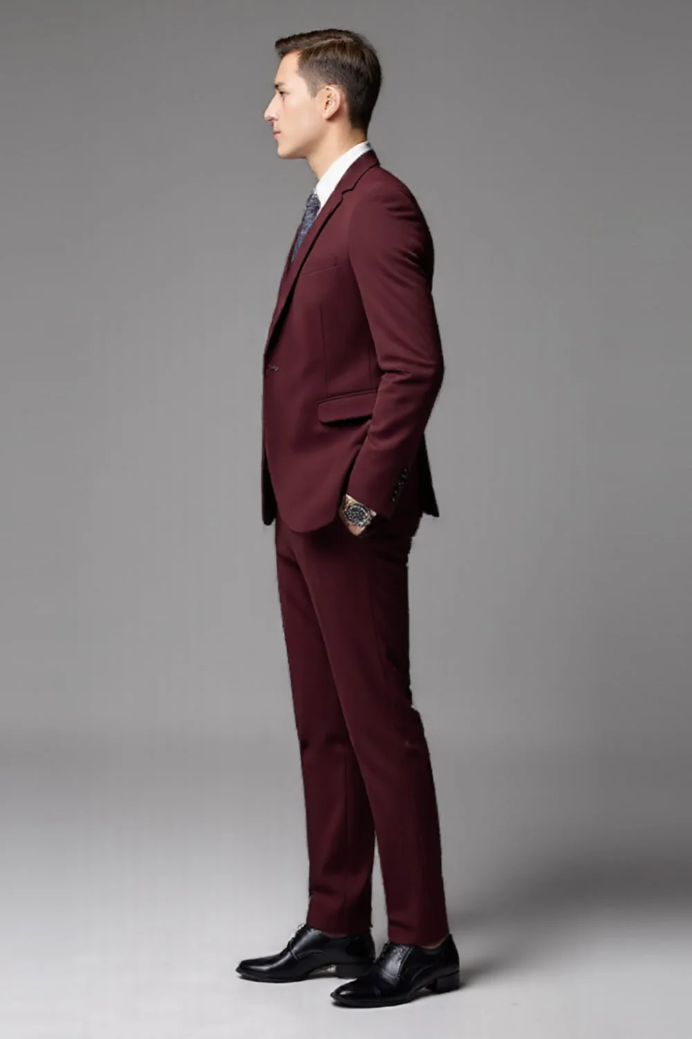 Burgundy 3 Piece Notched lapel Single Breasted Men's Formal Suits - Image 3