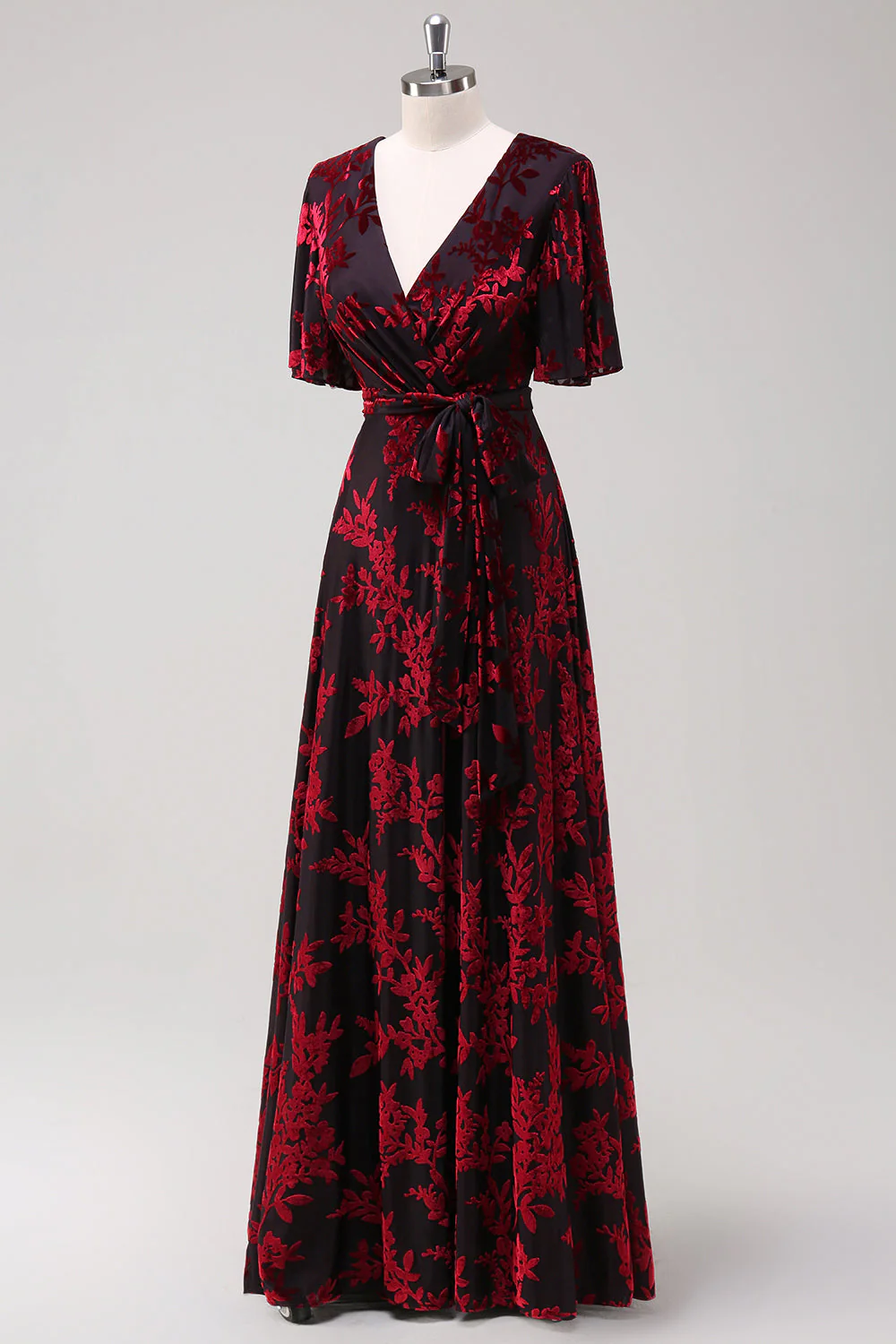 Burgundy A Line Burnout Velvet Long Prom Dress - Image 3