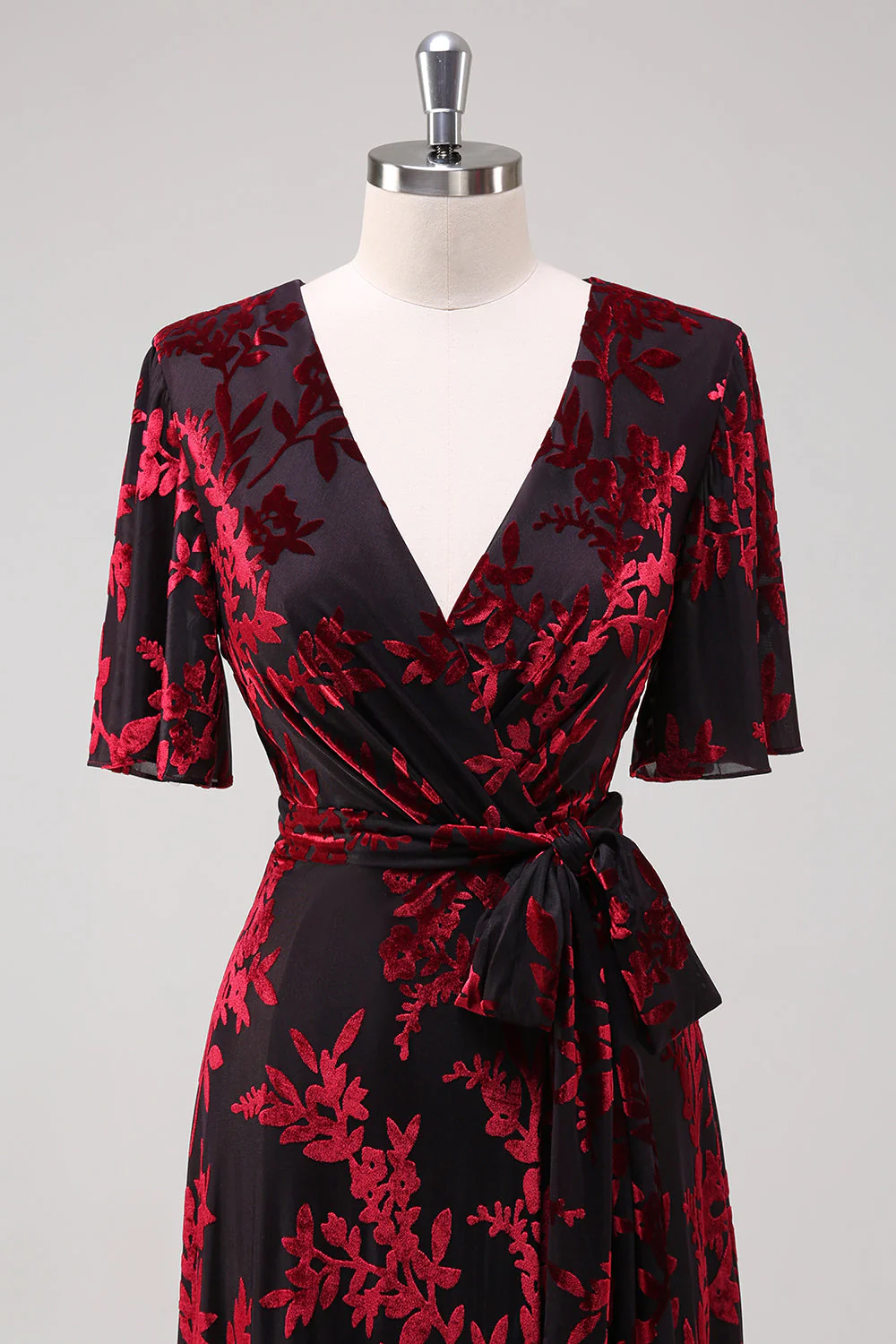 Burgundy A Line Burnout Velvet Long Prom Dress - Image 4