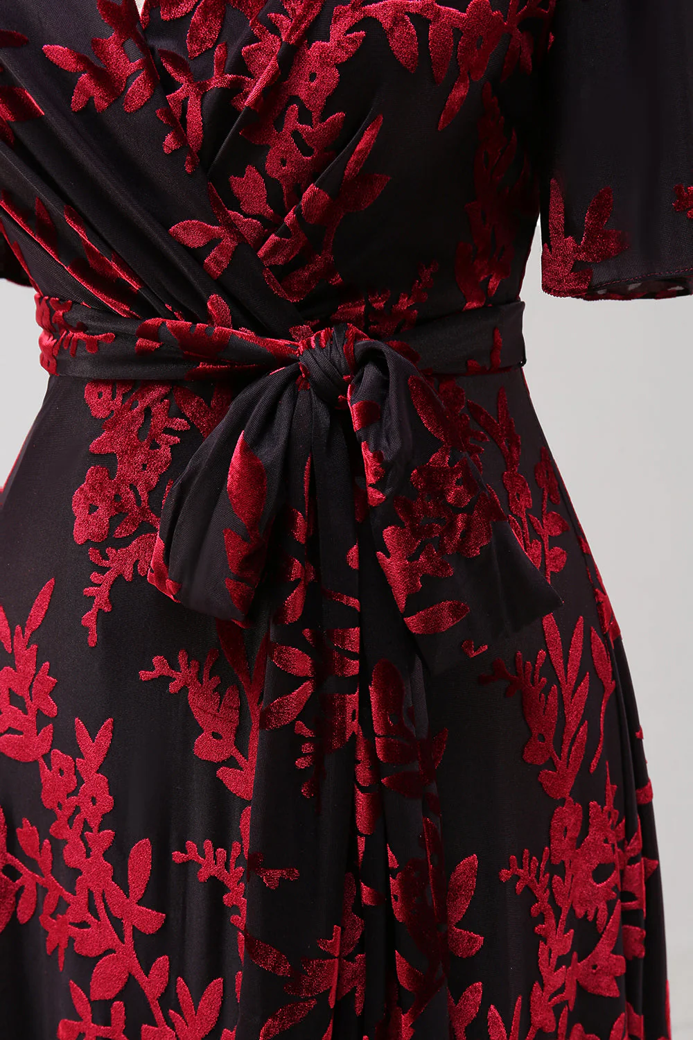 Burgundy A Line Burnout Velvet Long Prom Dress - Image 6