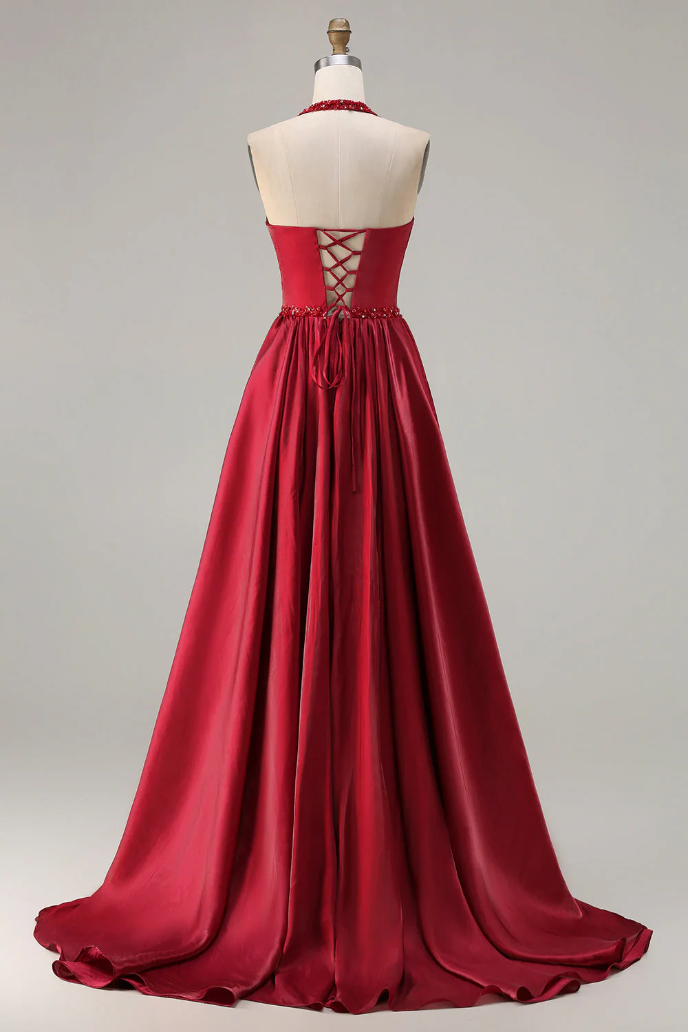 Burgundy  A Line Halter Beaded Satin Long Prom Dress with Lace Up Back - Image 2