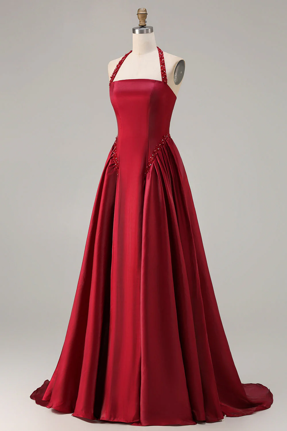 Burgundy  A Line Halter Beaded Satin Long Prom Dress with Lace Up Back - Image 3