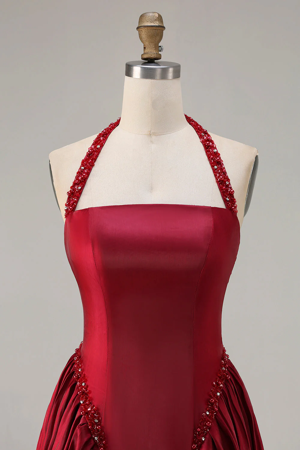 Burgundy  A Line Halter Beaded Satin Long Prom Dress with Lace Up Back - Image 4