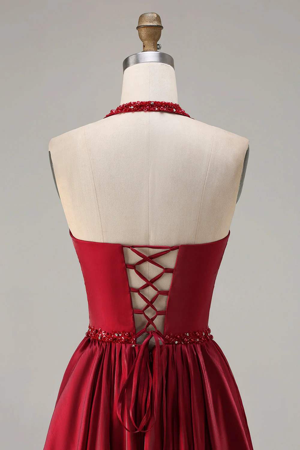 Burgundy  A Line Halter Beaded Satin Long Prom Dress with Lace Up Back - Image 5