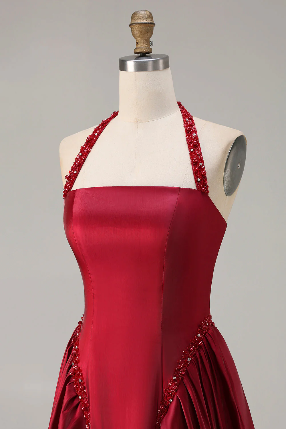 Burgundy  A Line Halter Beaded Satin Long Prom Dress with Lace Up Back - Image 6