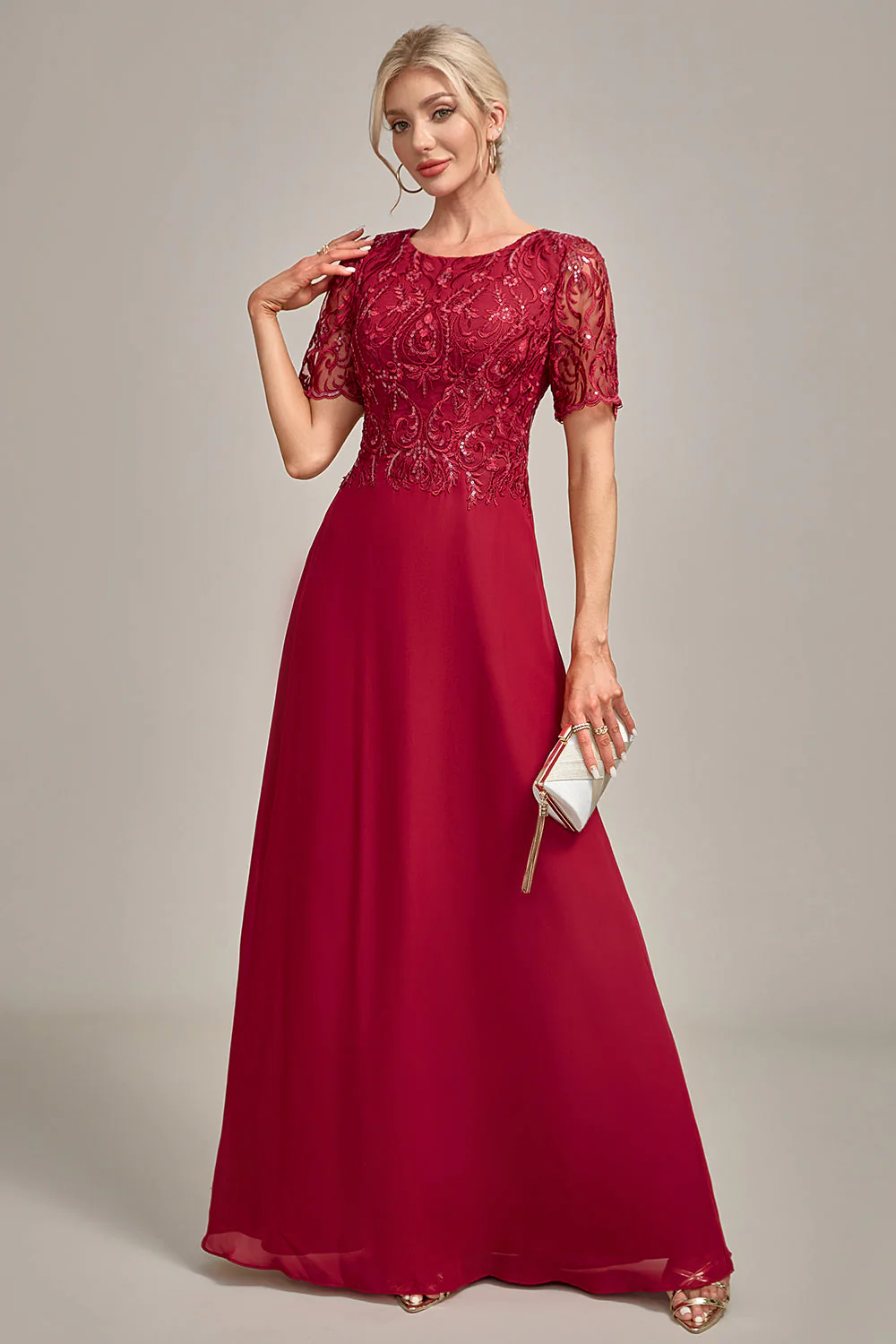 Burgundy A Line Round Neck Long Choir Dress With Sequins - Image 2
