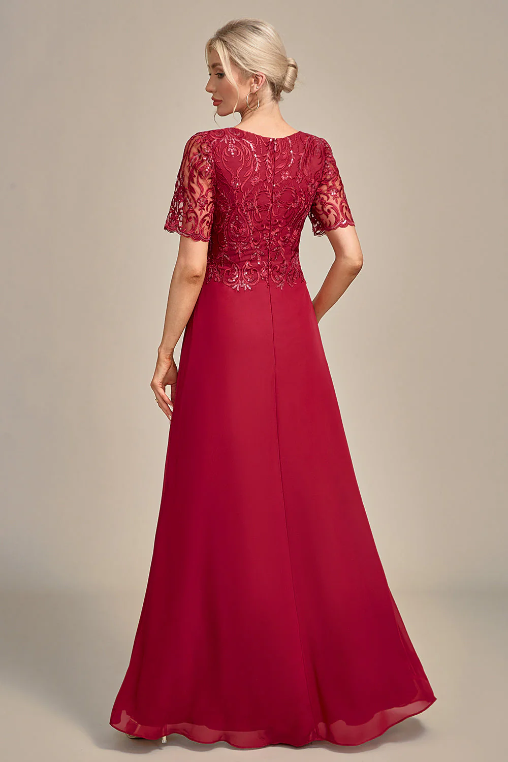 Burgundy A Line Round Neck Long Choir Dress With Sequins - Image 3