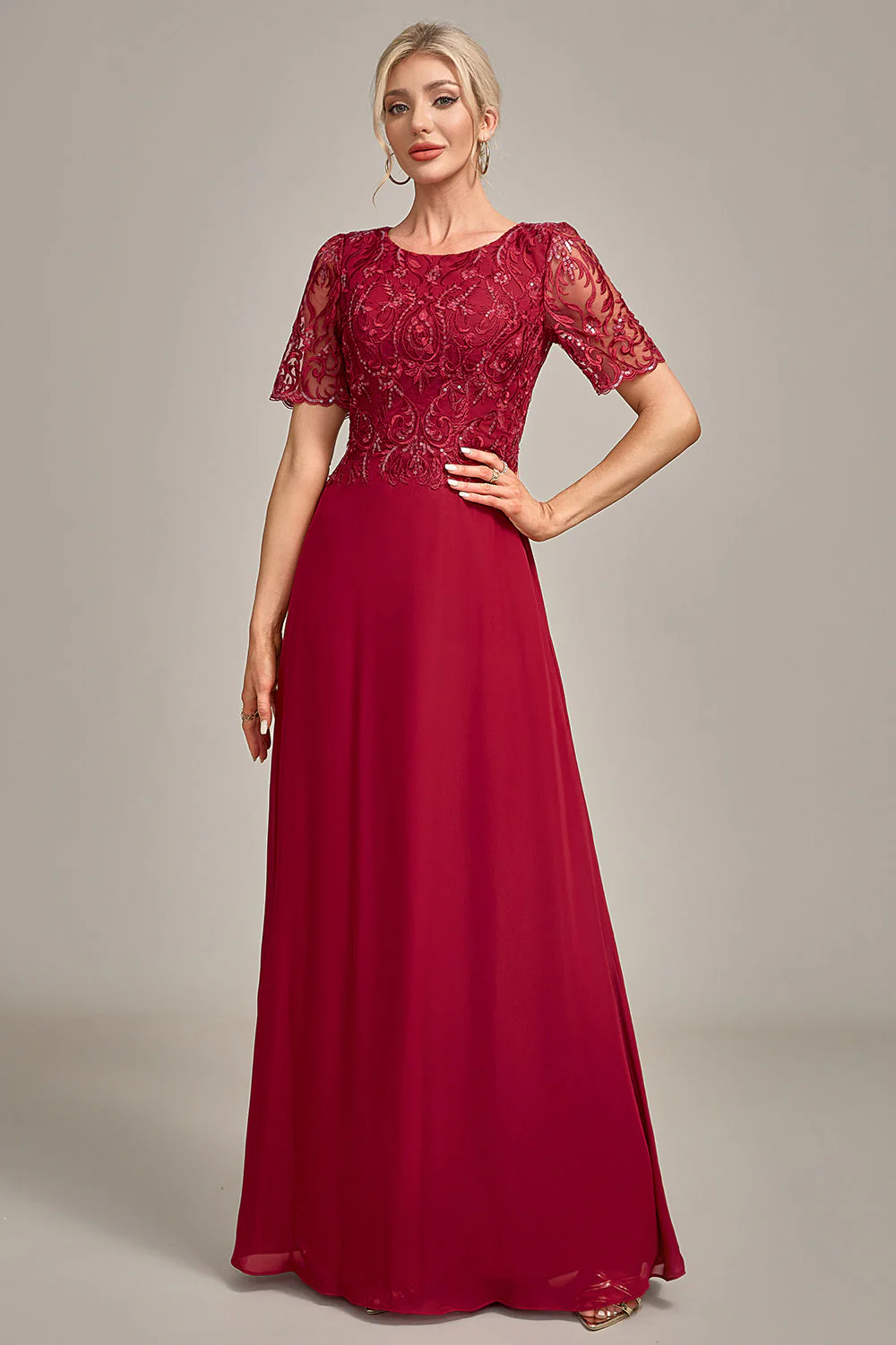 Burgundy A Line Round Neck Long Choir Dress With Sequins - Image 4