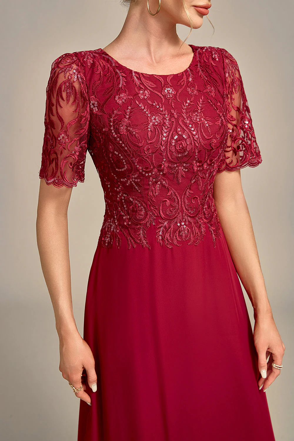 Burgundy A Line Round Neck Long Choir Dress With Sequins - Image 5