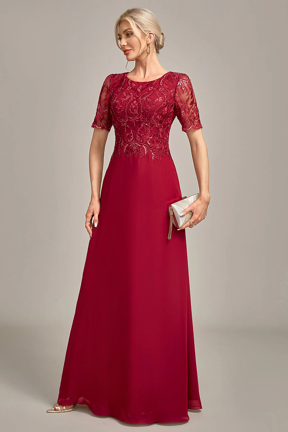 Burgundy A Line Round Neck Long Choir Dress With Sequins - Image 7
