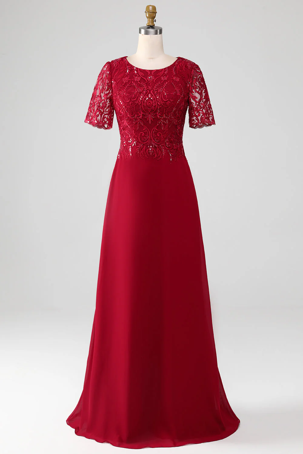Burgundy A Line Round Neck Long Choir Dress With Sequins - Image 8