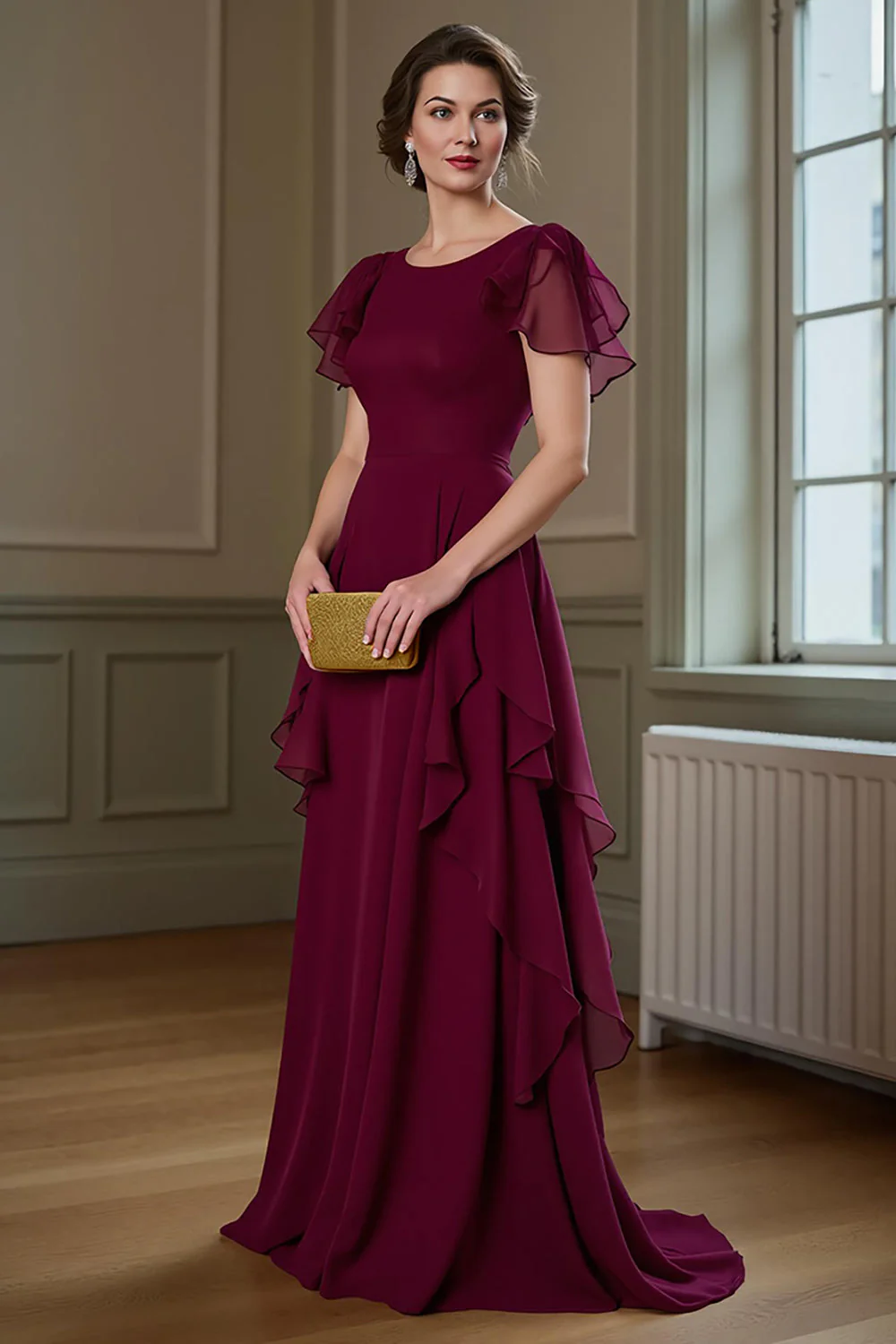 Burgundy A Line Ruffled Long Chiffon Choir Dress with Flutter Sleeves - Image 2