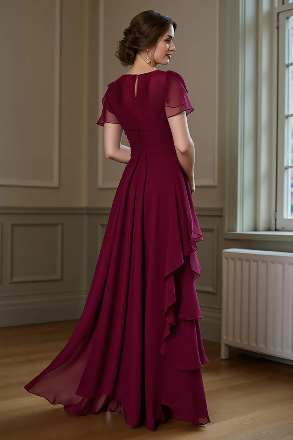 Burgundy A Line Ruffled Long Chiffon Choir Dress with Flutter Sleeves - Image 3