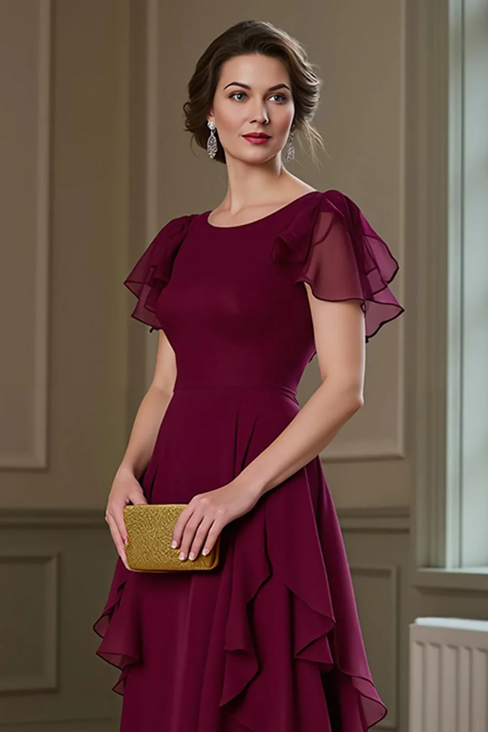 Burgundy A Line Ruffled Long Chiffon Choir Dress with Flutter Sleeves - Image 4