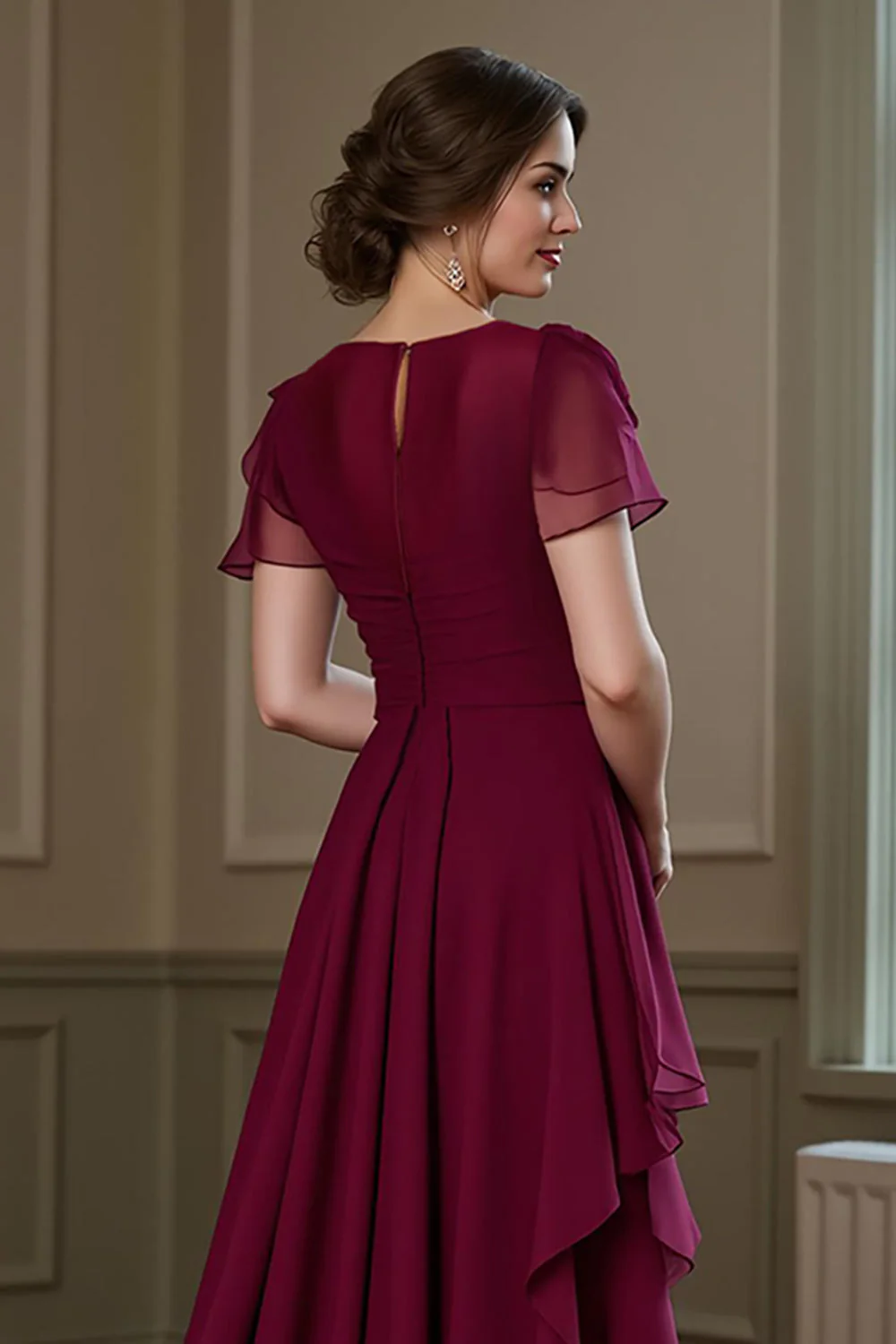 Burgundy A Line Ruffled Long Chiffon Choir Dress with Flutter Sleeves - Image 5
