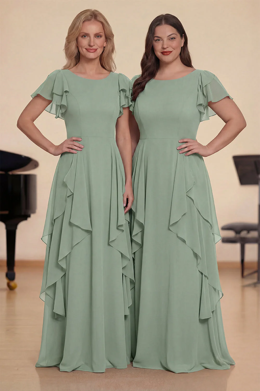 Burgundy A Line Ruffled Long Chiffon Choir Dress with Flutter Sleeves - Image 6